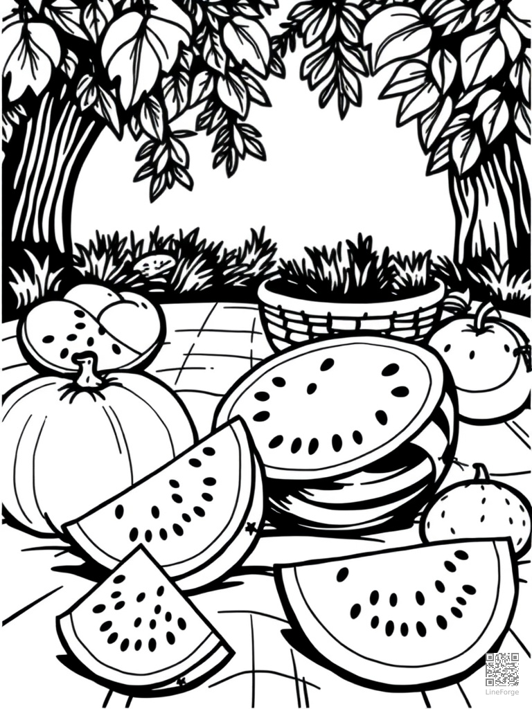 Watermelon slices and summer fruit at a picnic coloring page Woodcut style - free printable