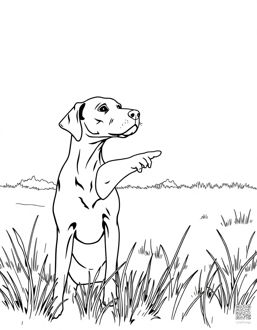 Free weimaraner pointing in a hunting scene coloring page in contour style — printable line art