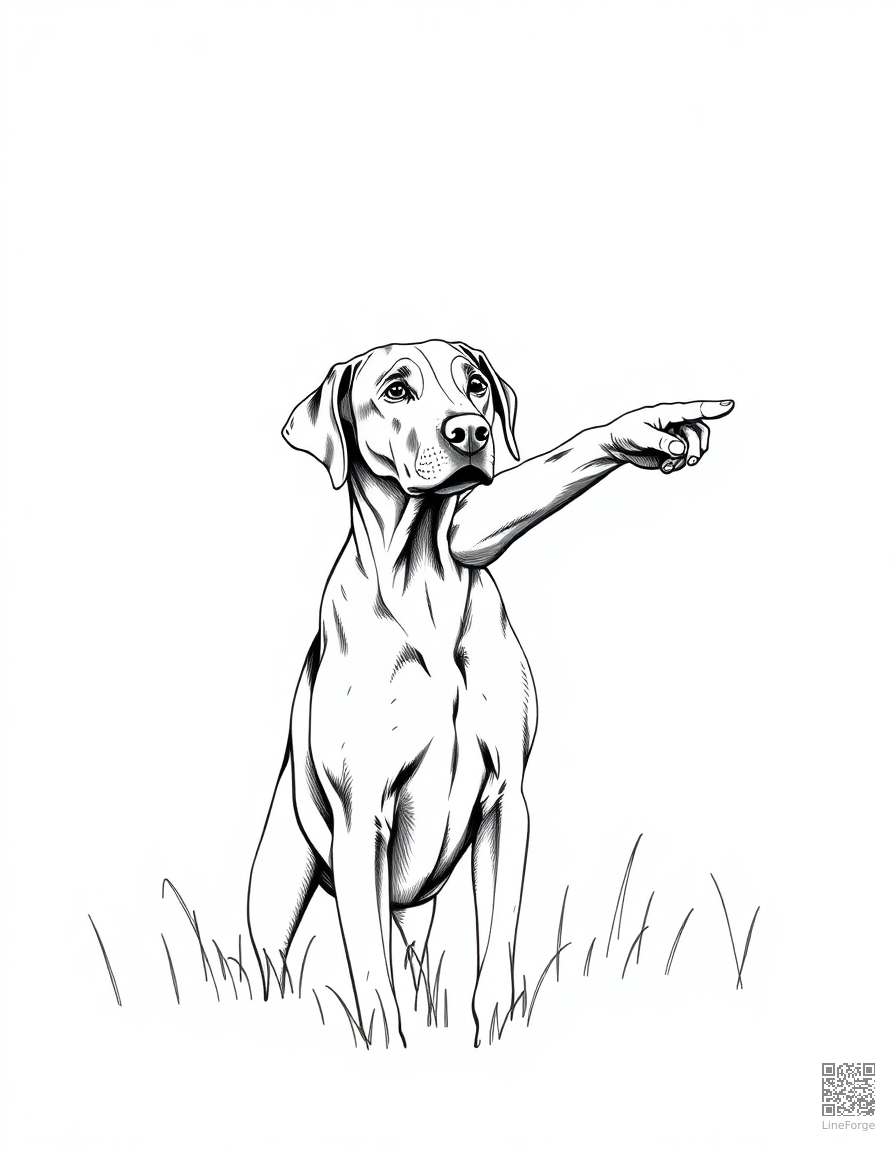 Free weimaraner pointing in a hunting scene coloring page in crosshatch style — printable line art