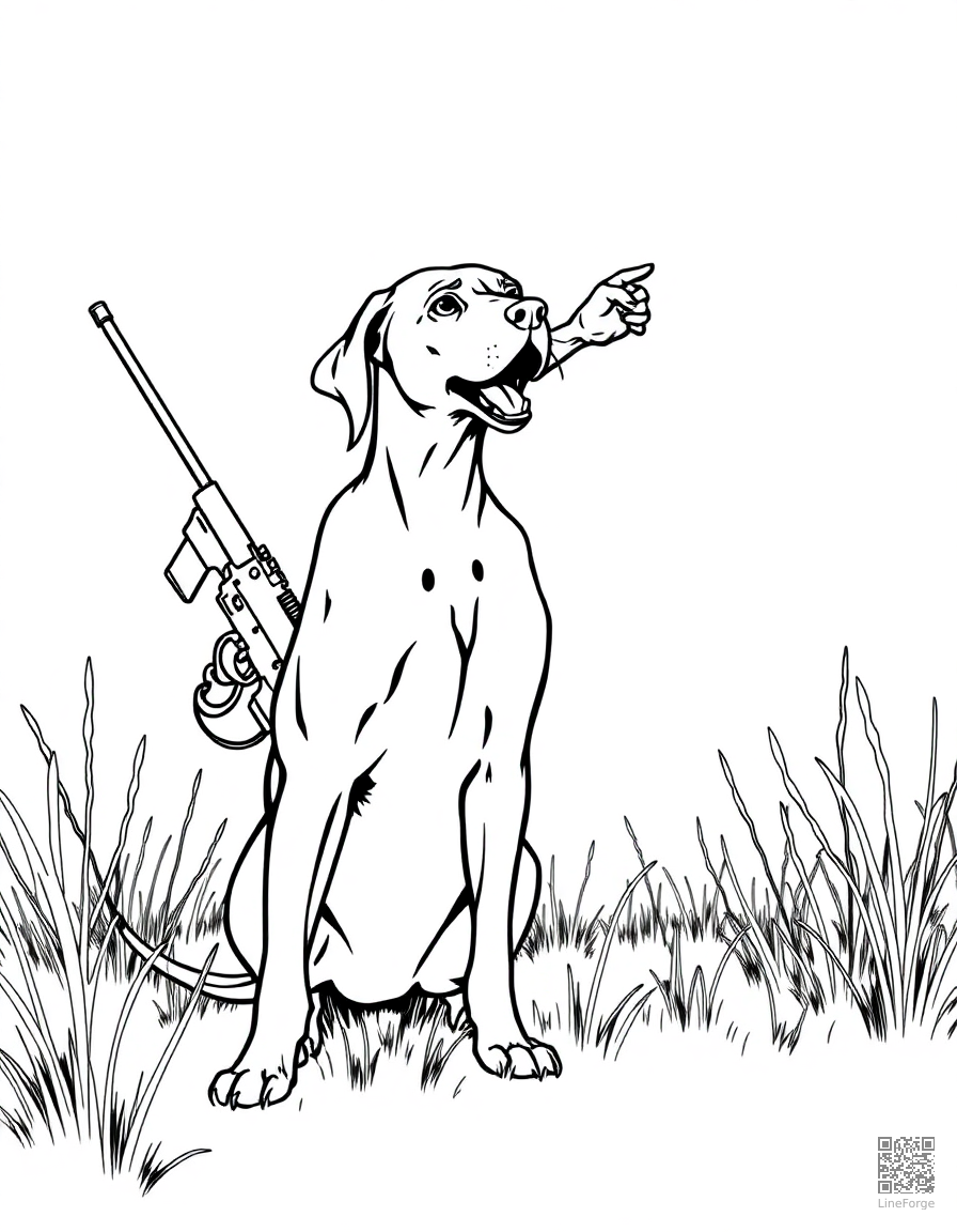 Free weimaraner pointing in a hunting scene coloring page in manga style — printable line art