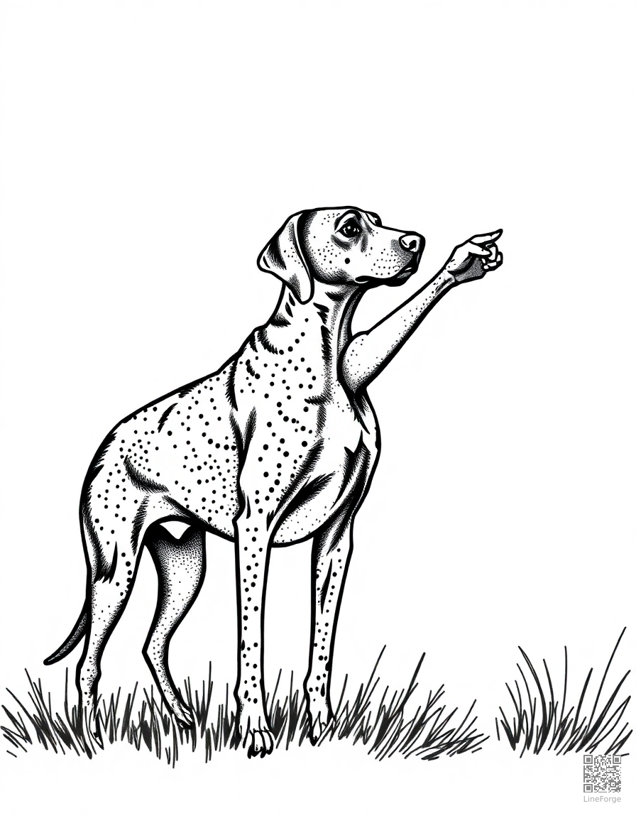Free weimaraner pointing in a hunting scene coloring page in stipple style — printable line art