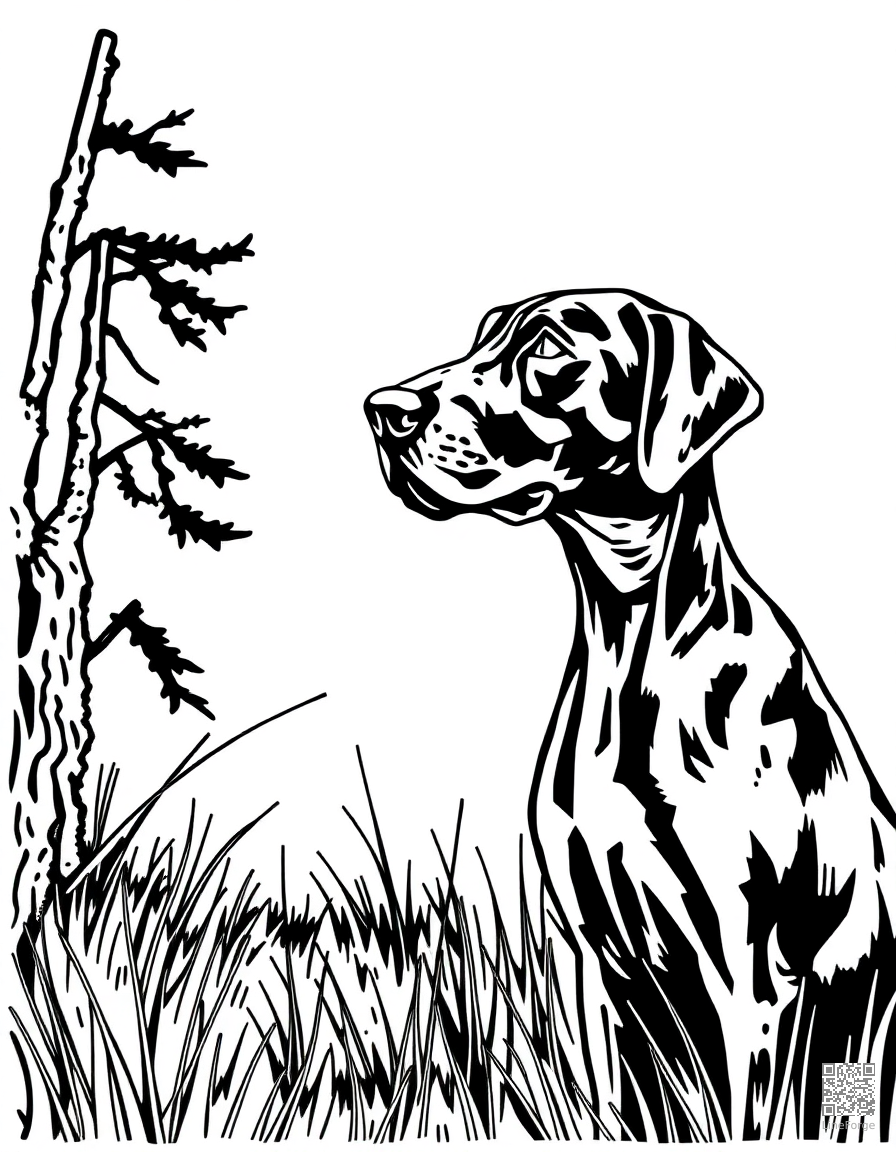 Free weimaraner pointing in a hunting scene coloring page in woodcut style — printable line art