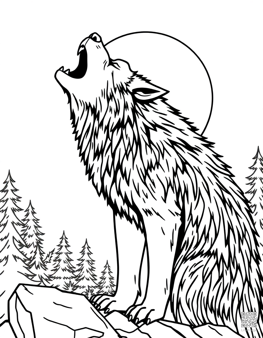 werewolf howling at the full moon coloring page Contour style - free printable