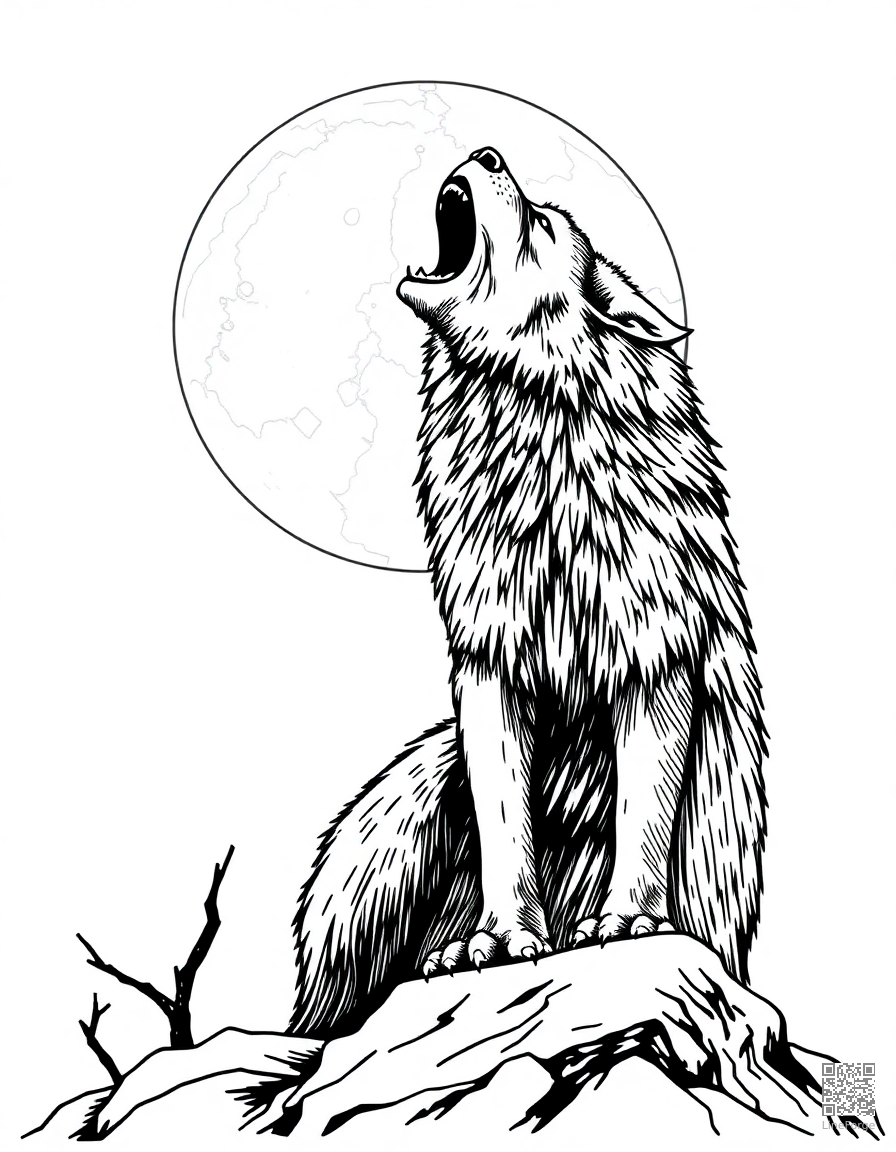 werewolf howling at the full moon coloring page Crosshatch style - free printable