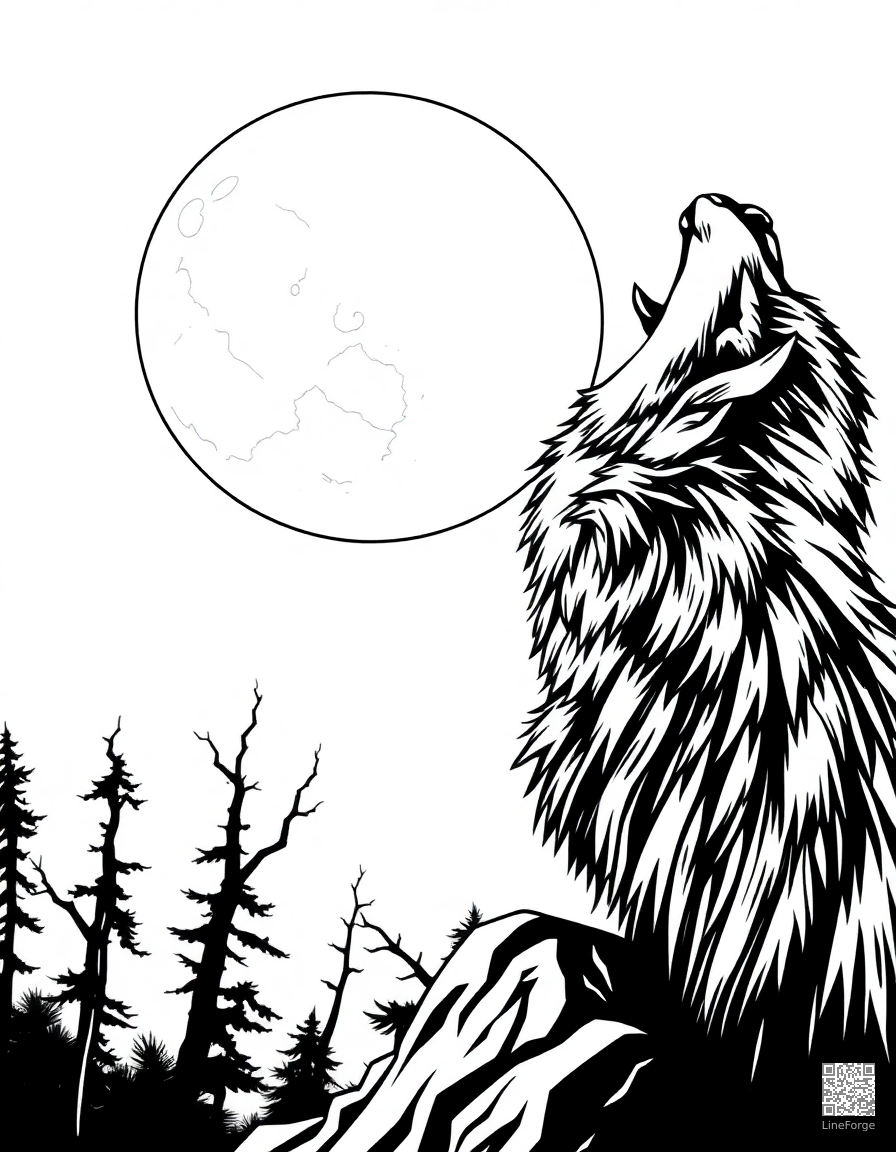 werewolf howling at the full moon coloring page Manga style - free printable