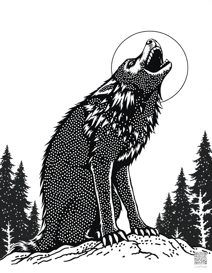 werewolf howling at the full moon coloring page Stipple style - free printable