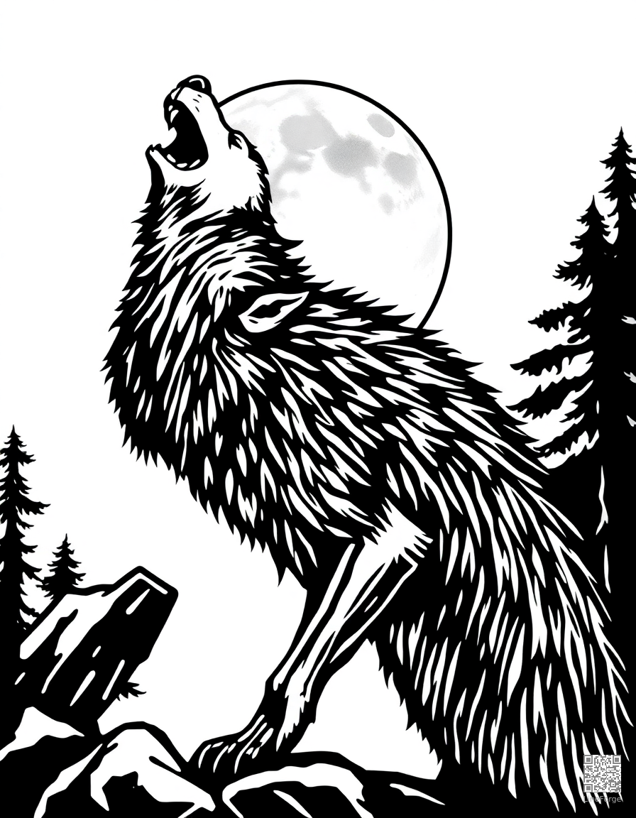 werewolf howling at the full moon coloring page Woodcut style - free printable
