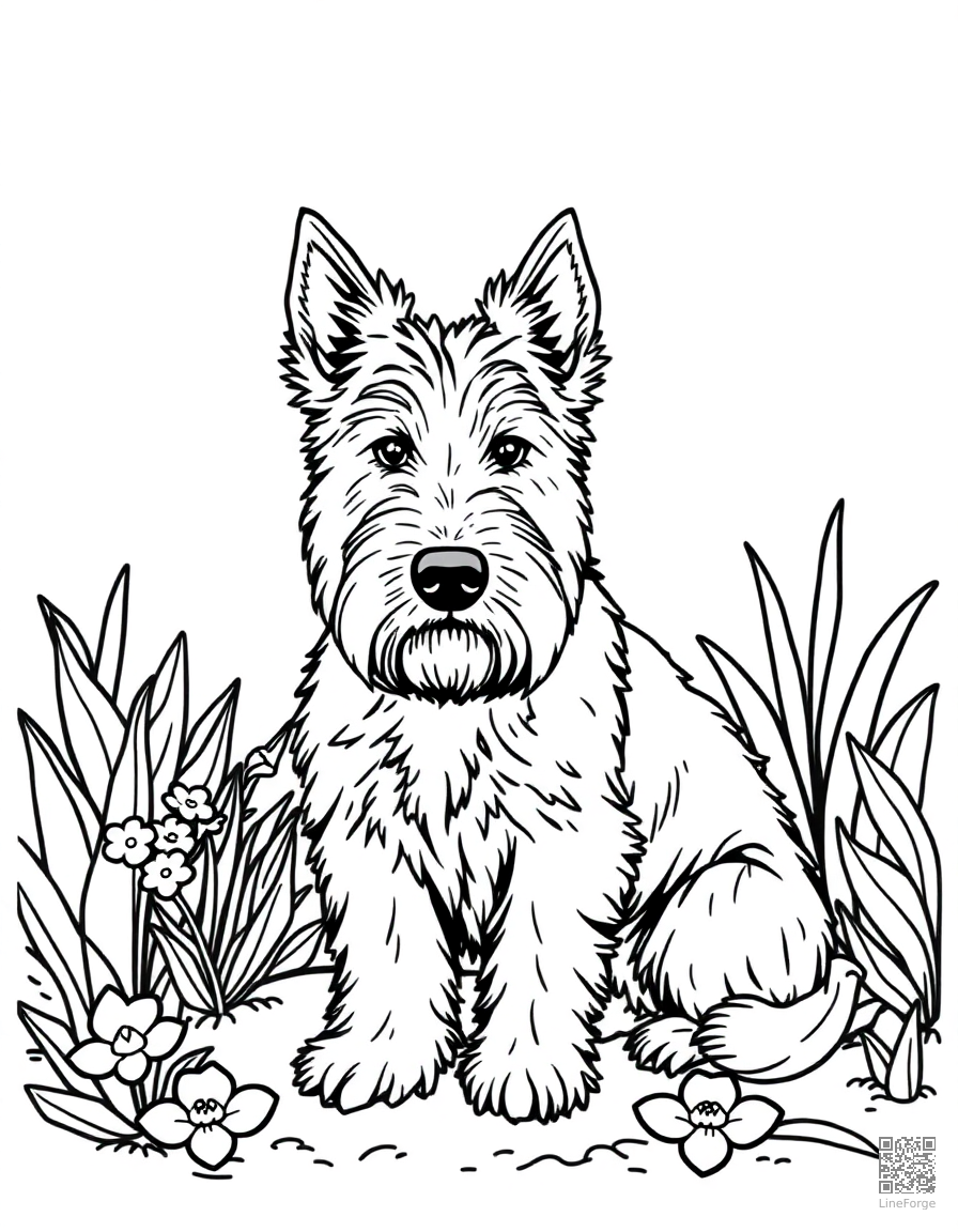 Free west highland white terrier sitting in a garden coloring page in contour style — printable line art