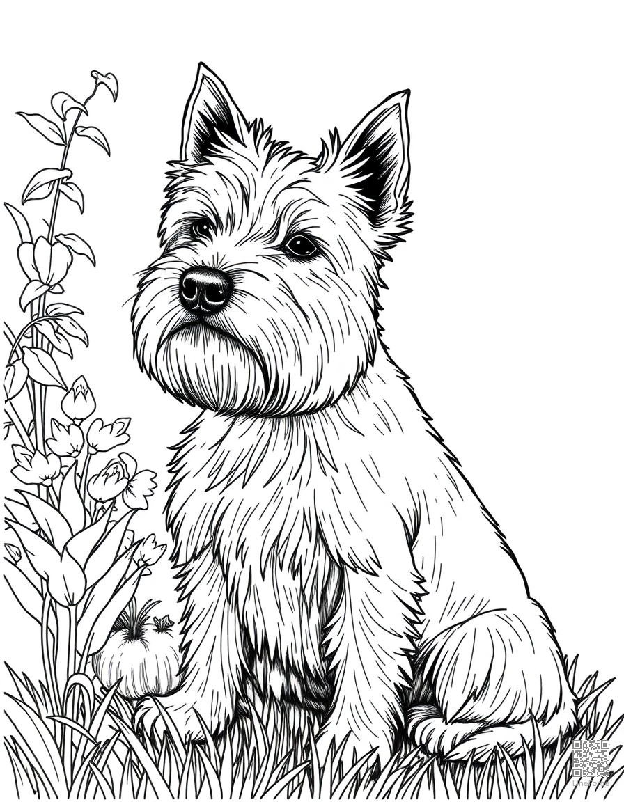 west highland white terrier sitting in a garden coloring page Crosshatch style - free printable
