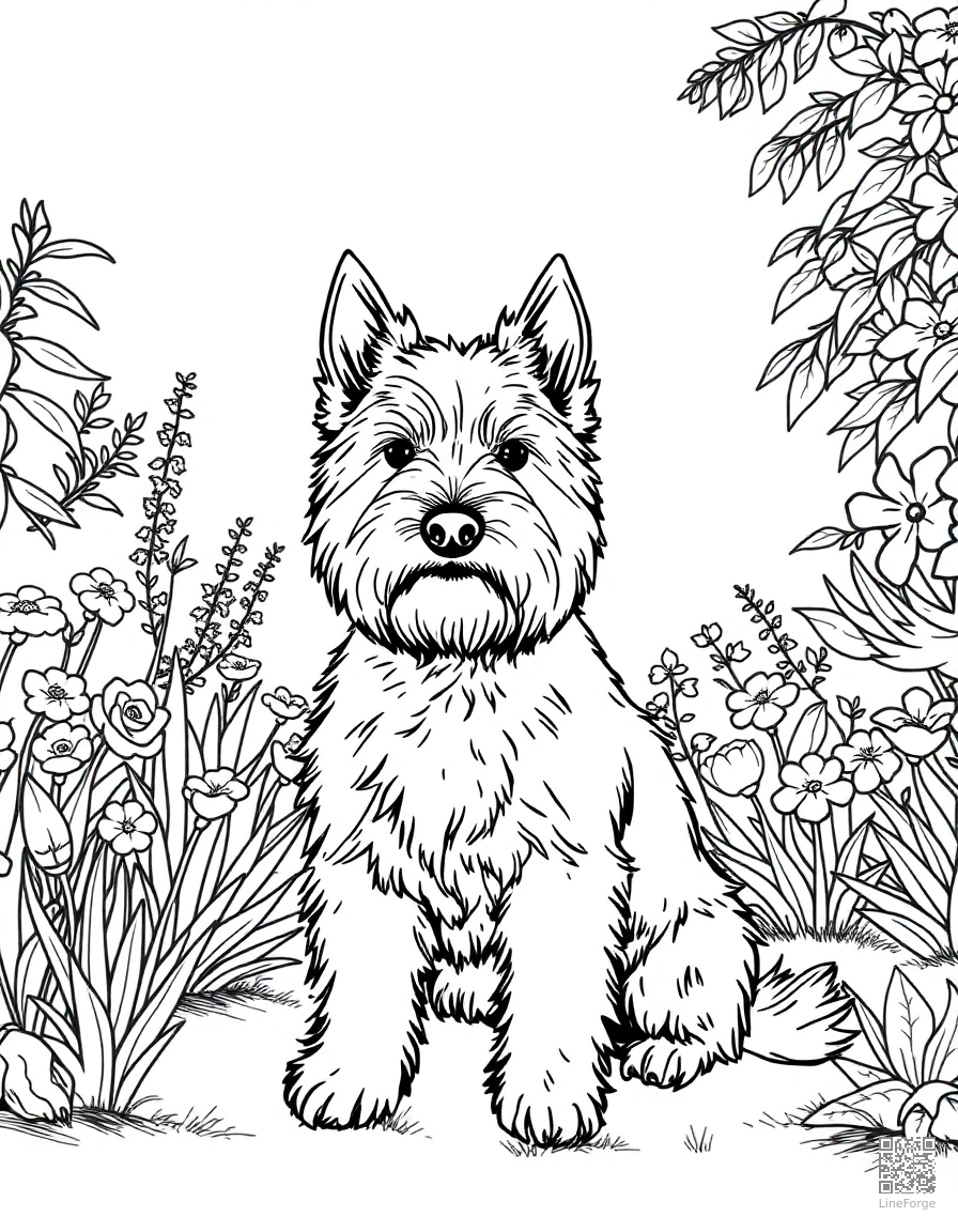 Free west highland white terrier sitting in a garden coloring page in manga style — printable line art