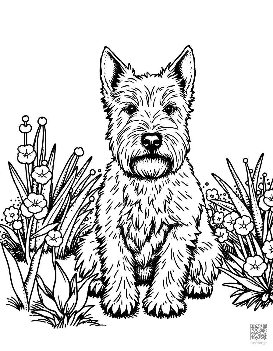 Free west highland white terrier sitting in a garden coloring page in stipple style — printable line art