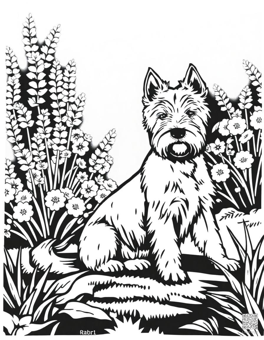 west highland white terrier sitting in a garden coloring page Woodcut style - free printable