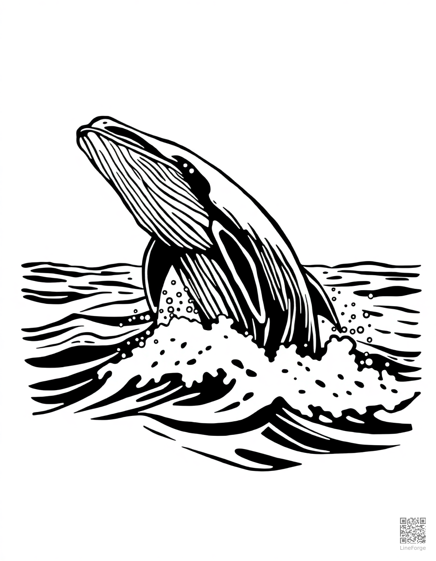 Whale breaching the ocean surface coloring page Woodcut style - free printable