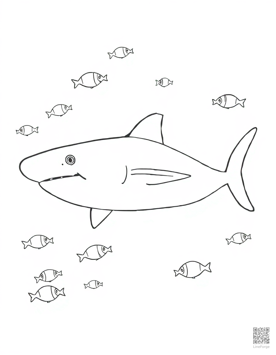 whale shark surrounded by small fish coloring page Contour style - free printable