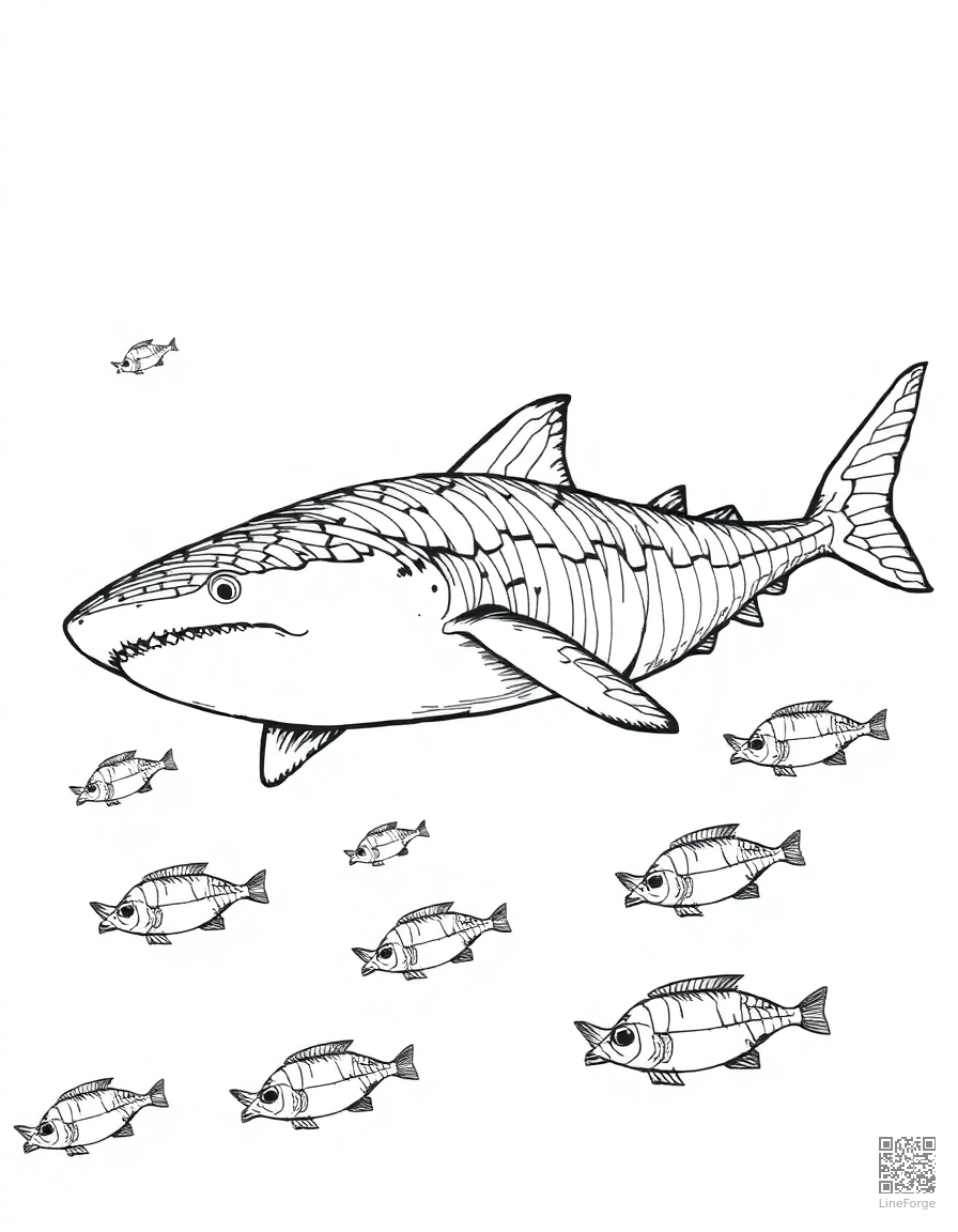 whale shark surrounded by small fish coloring page Crosshatch style - free printable