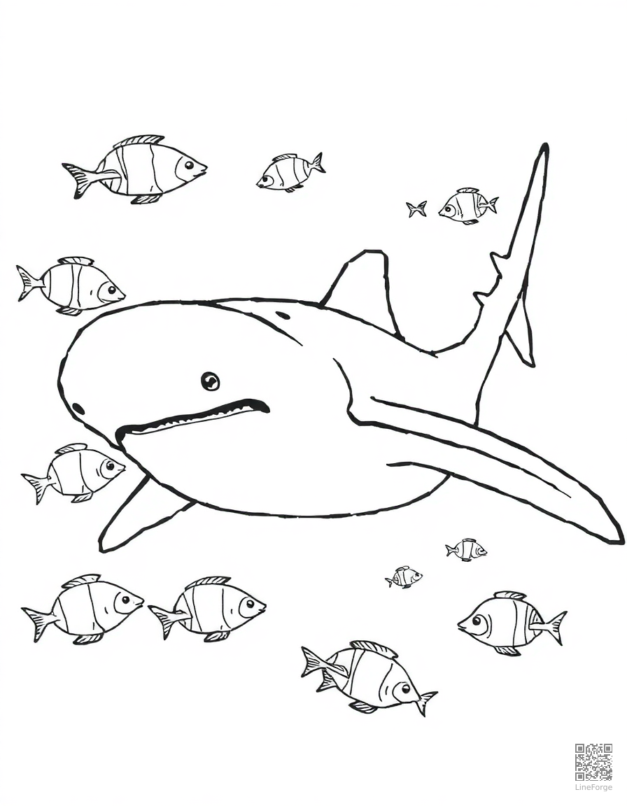 whale shark surrounded by small fish coloring page Manga style - free printable