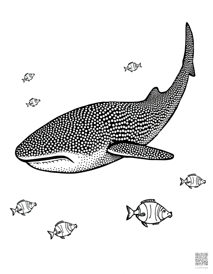 whale shark surrounded by small fish coloring page Stipple style - free printable