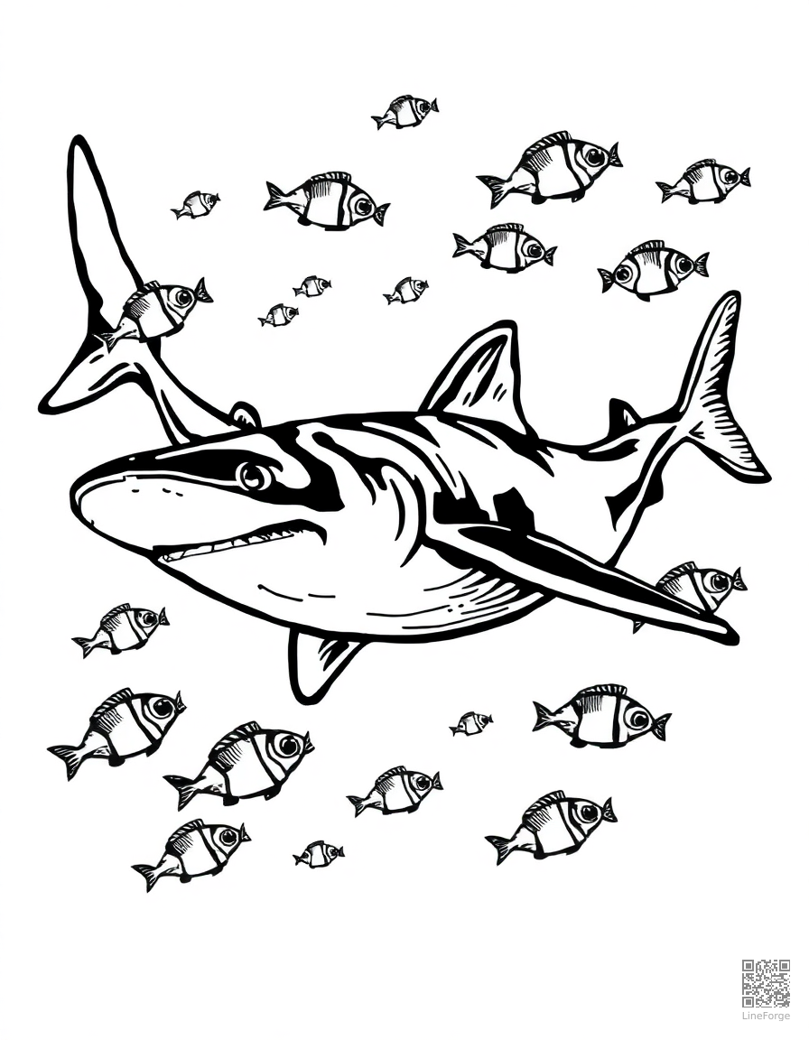 whale shark surrounded by small fish coloring page Woodcut style - free printable