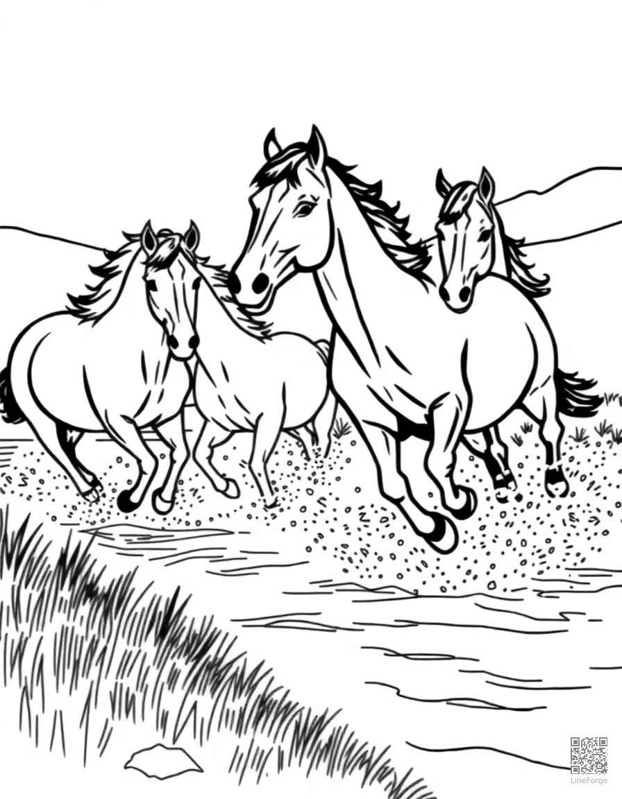wild horses running across a river coloring page Contour style - free printable