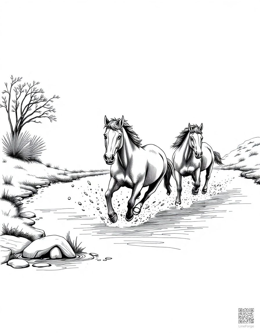wild horses running across a river coloring page Crosshatch style - free printable