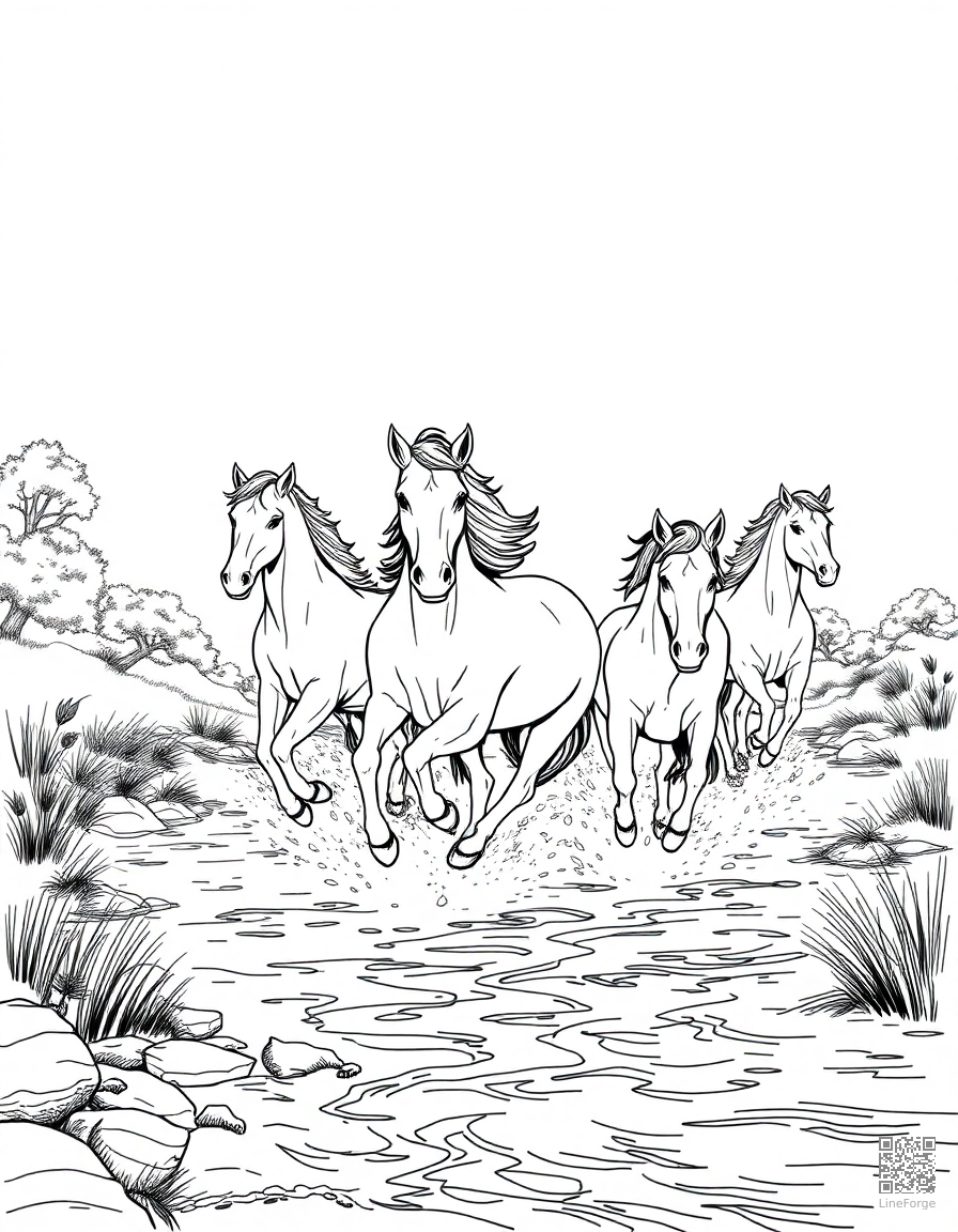 wild horses running across a river coloring page Manga style free printable
