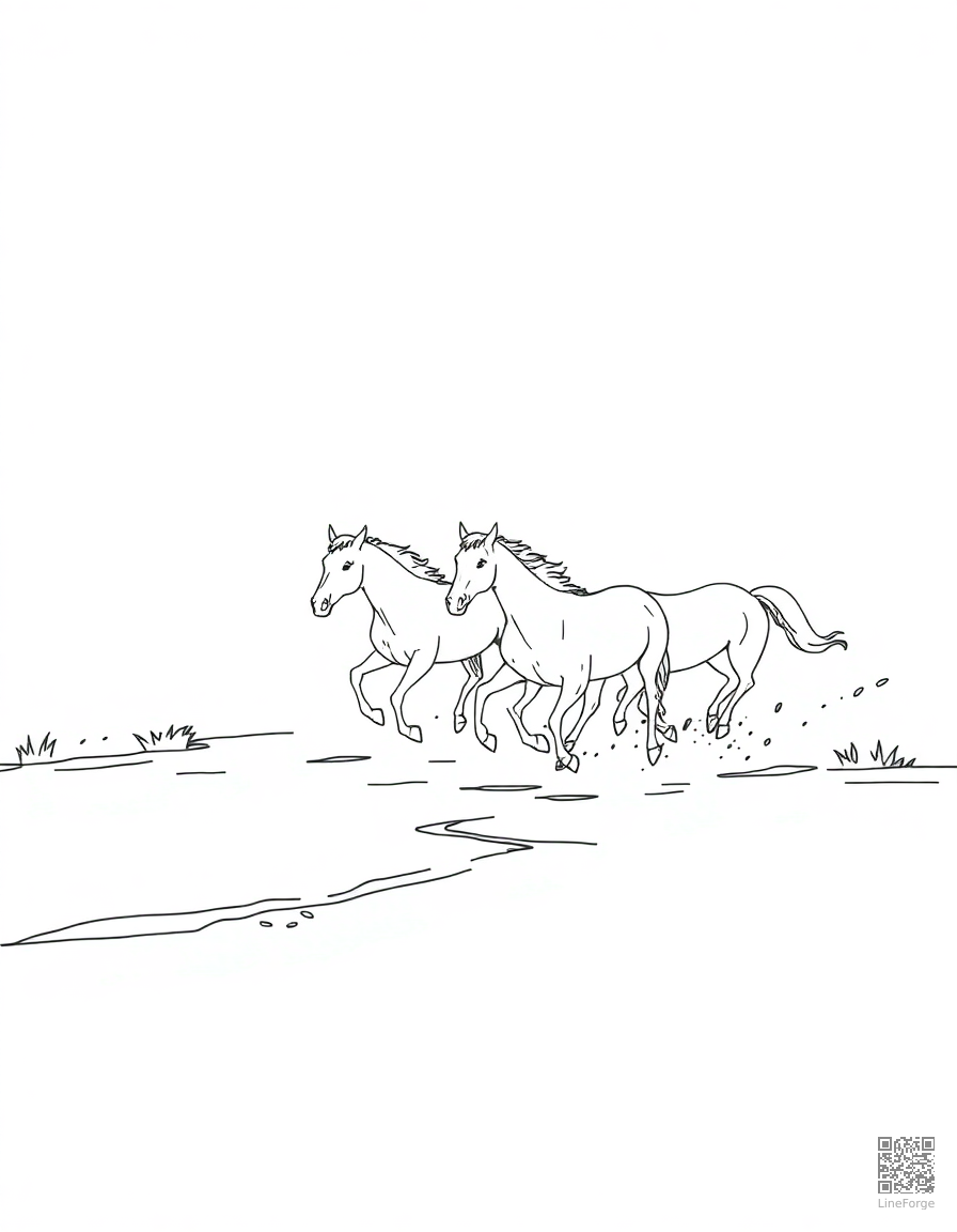wild horses running across a river coloring page Minimal style - free printable