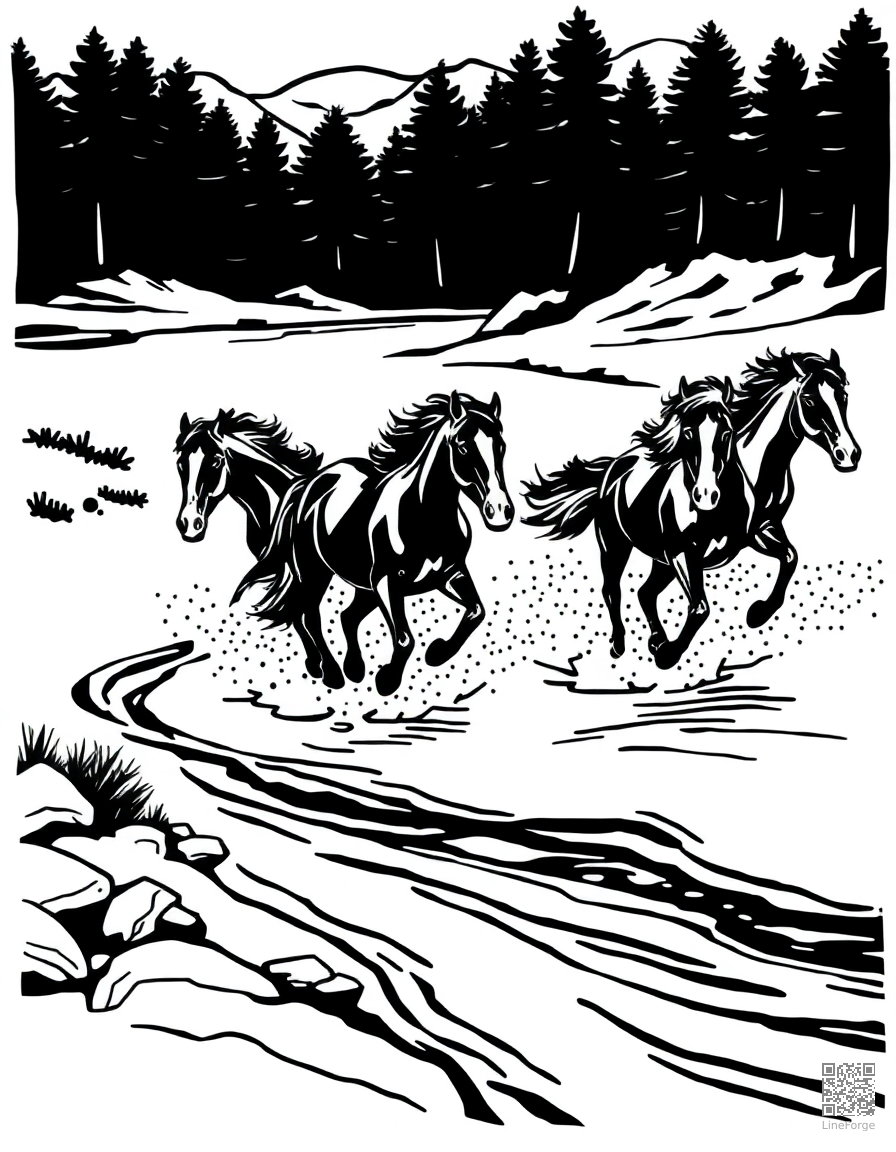 wild horses running across a river coloring page Woodcut style - free printable