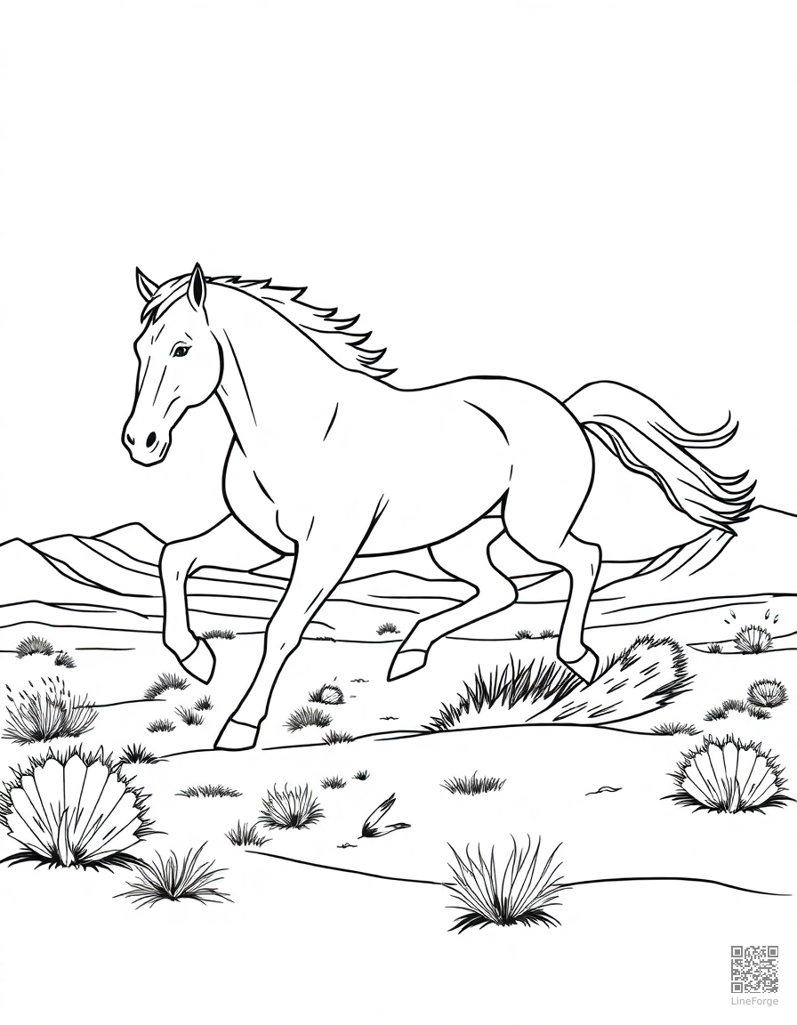 Free wild mustang galloping across a desert mesa coloring page in contour style — printable line art