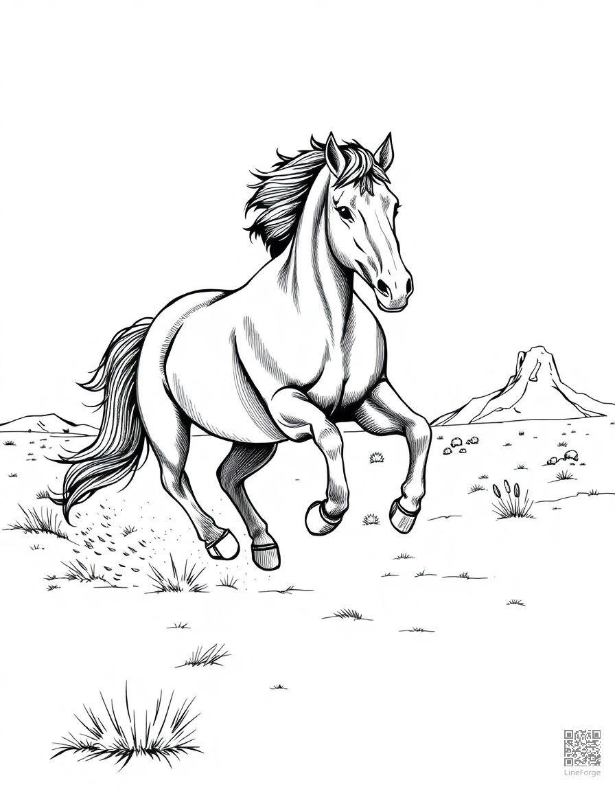 wild mustang galloping across a desert mesa coloring page Crosshatch style - free printable