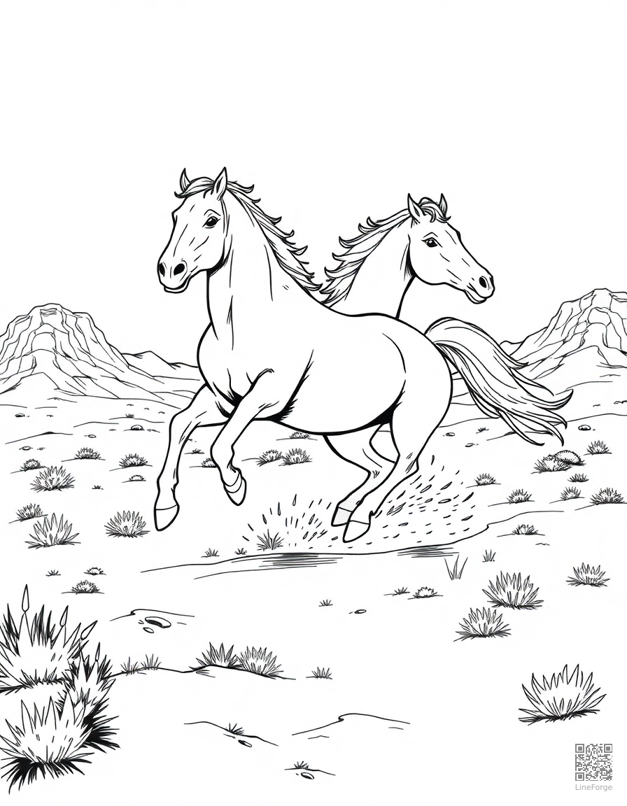 wild mustang galloping across a desert mesa coloring page Manga style - free printable