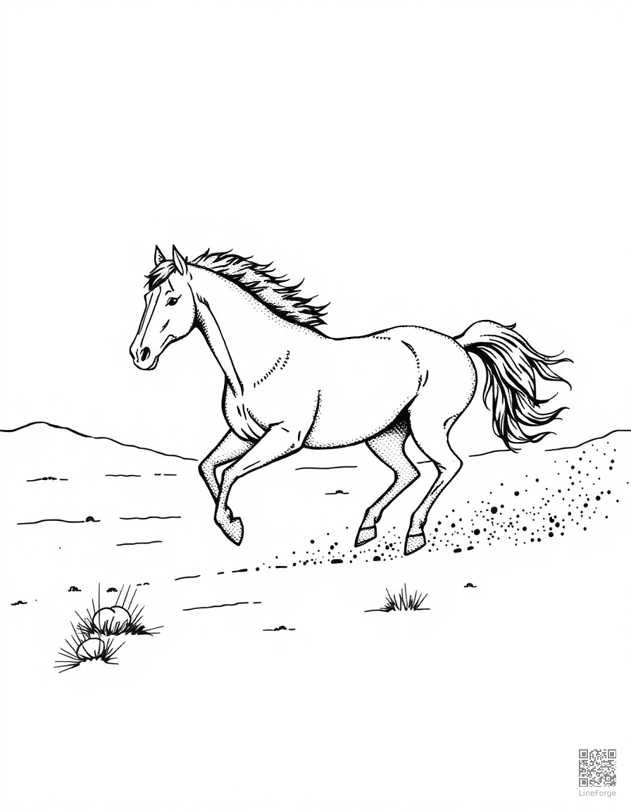 Free wild mustang galloping across a desert mesa coloring page in stipple style — printable line art