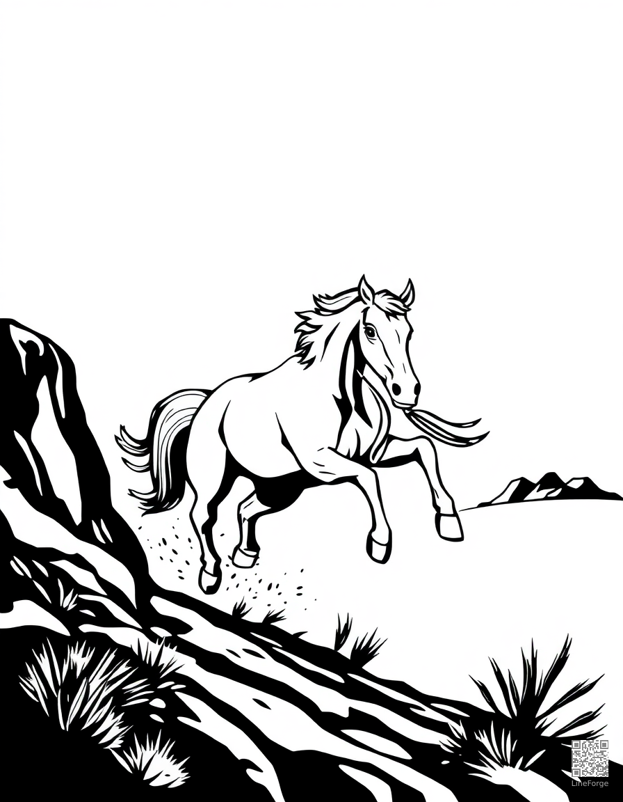 wild mustang galloping across a desert mesa coloring page Woodcut style - free printable
