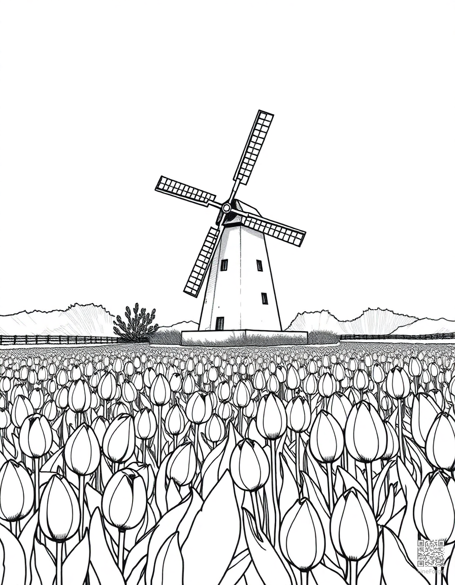 Windmill in a Dutch tulip field coloring page Crosshatch style - free printable