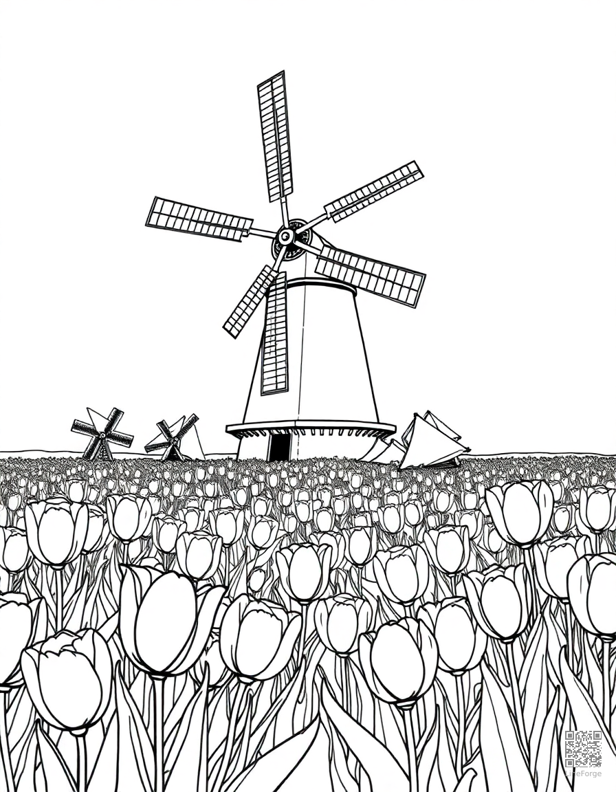 Windmill in a Dutch tulip field coloring page Manga style - free printable