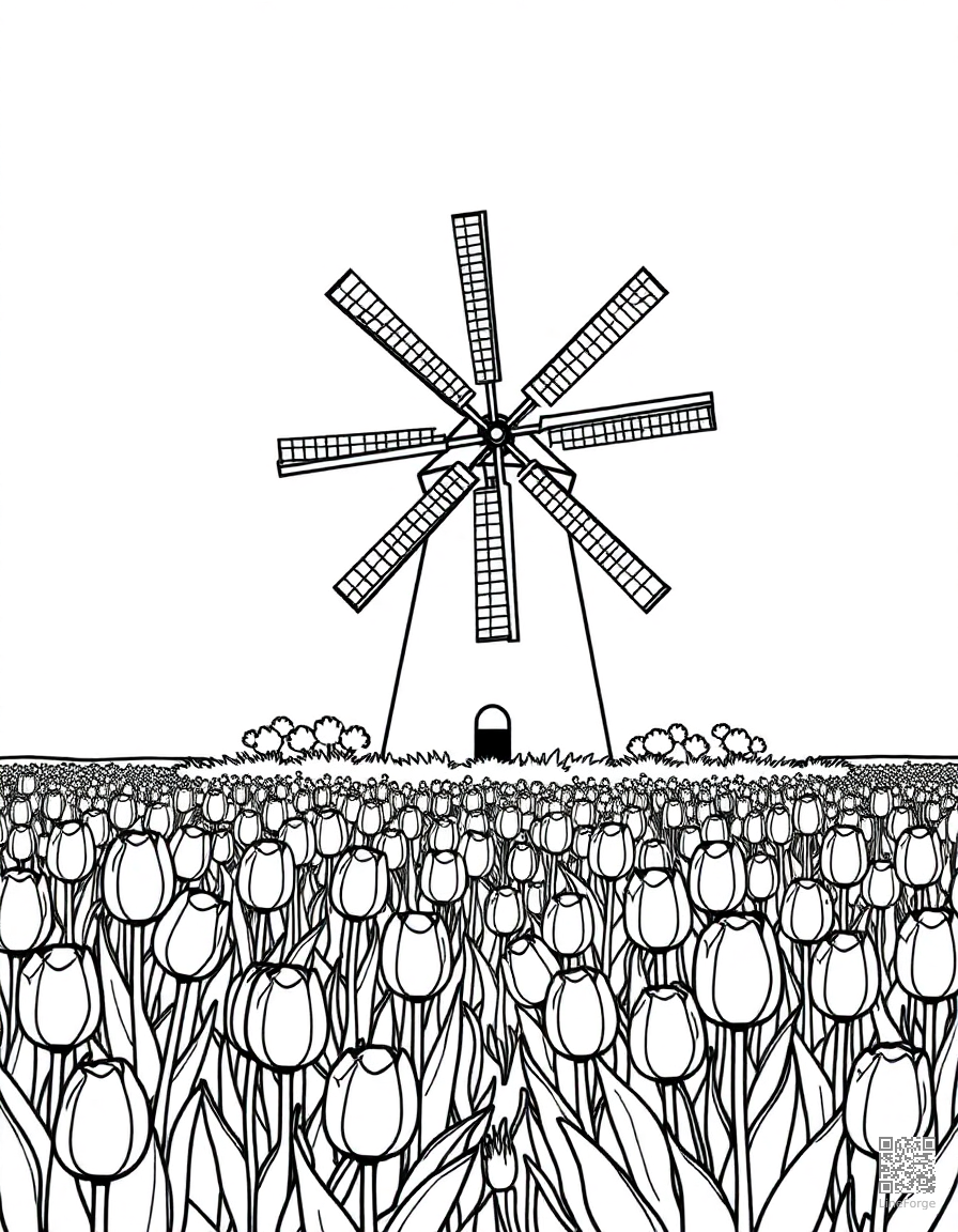 Windmill in a Dutch tulip field coloring page Minimal style - free printable