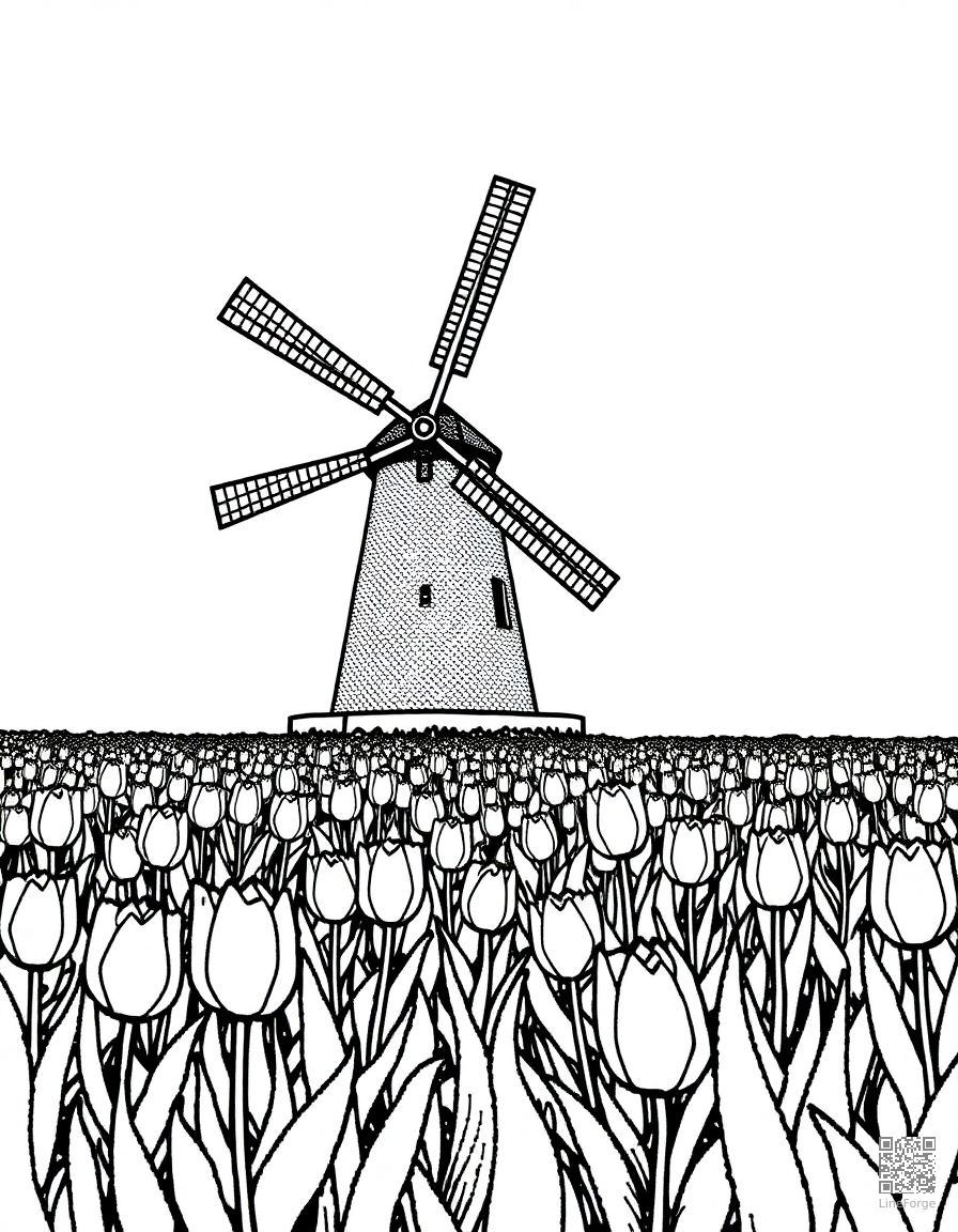 Windmill in a Dutch tulip field coloring page Stipple style - free printable