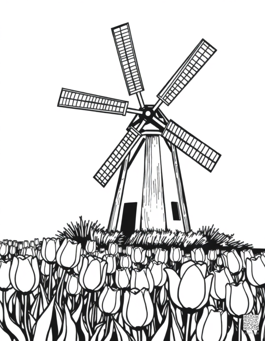 Windmill in a Dutch tulip field coloring page Woodcut style - free printable