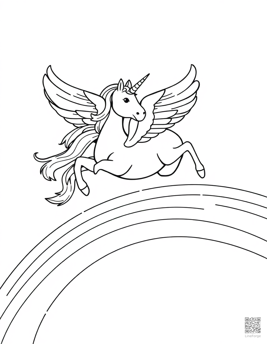 Free winged unicorn flying over a rainbow coloring page in contour style — printable line art