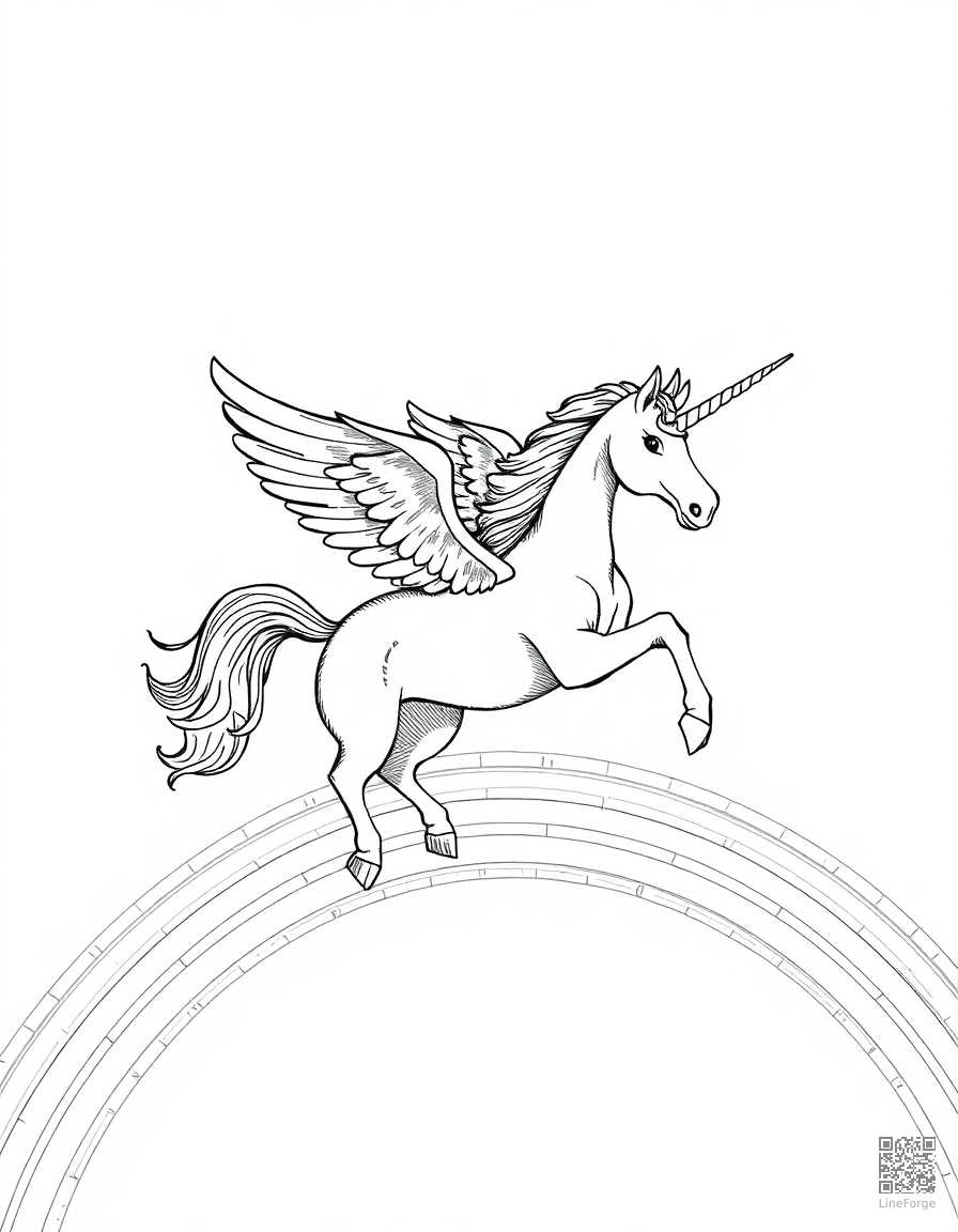 Free winged unicorn flying over a rainbow coloring page in crosshatch style — printable line art