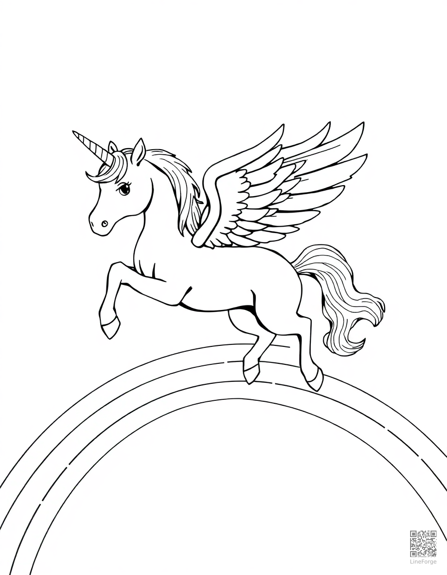 Free winged unicorn flying over a rainbow coloring page in manga style — printable line art