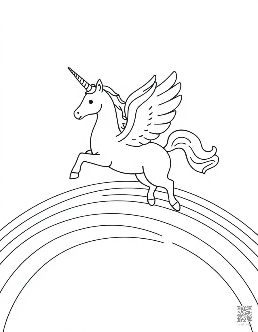 Free winged unicorn flying over a rainbow coloring page in minimal style — printable line art