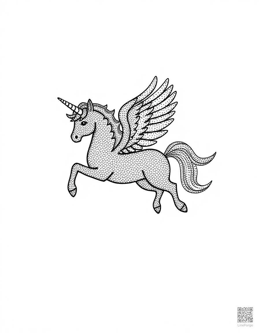 Free winged unicorn flying over a rainbow coloring page in stipple style — printable line art