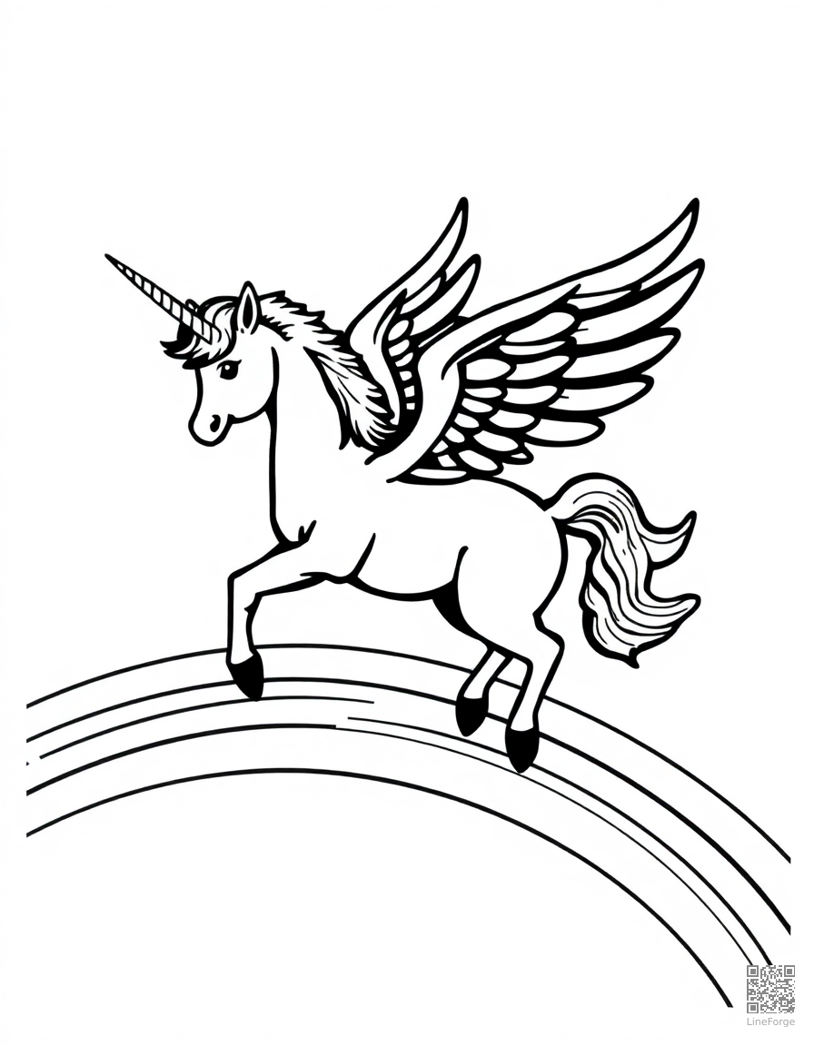 Free winged unicorn flying over a rainbow coloring page in woodcut style — printable line art