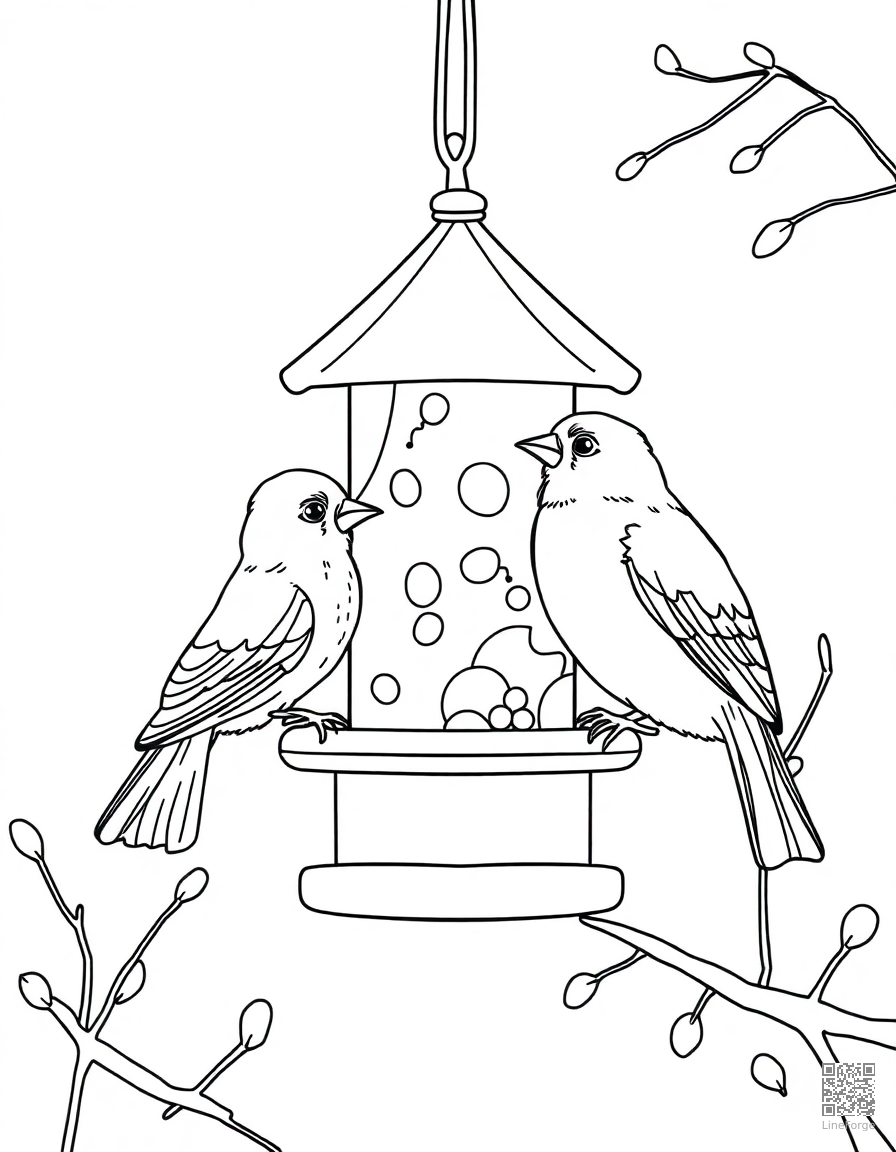 Free winter birds at a bird feeder coloring page in contour style — printable line art
