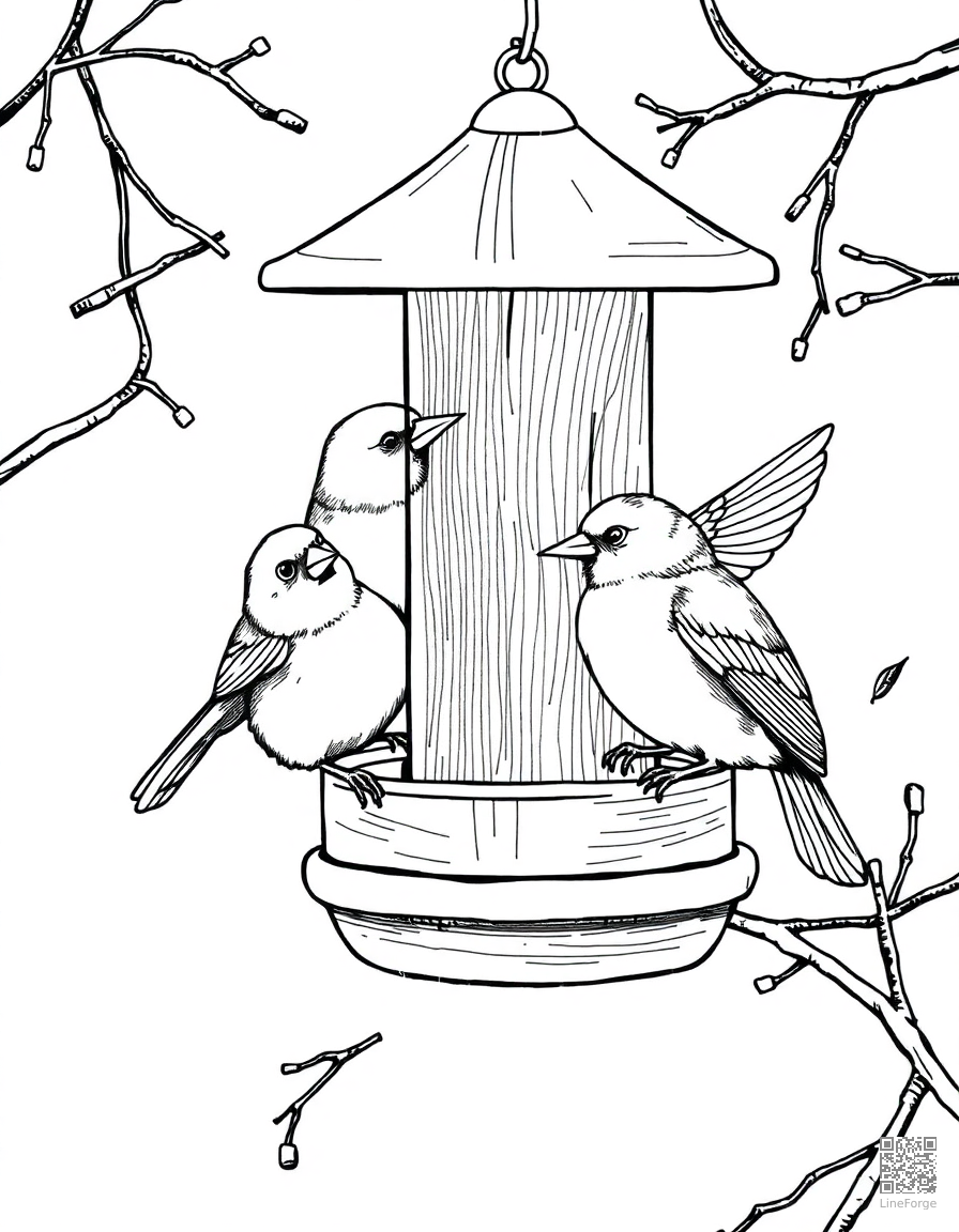 Free winter birds at a bird feeder coloring page in crosshatch style — printable line art