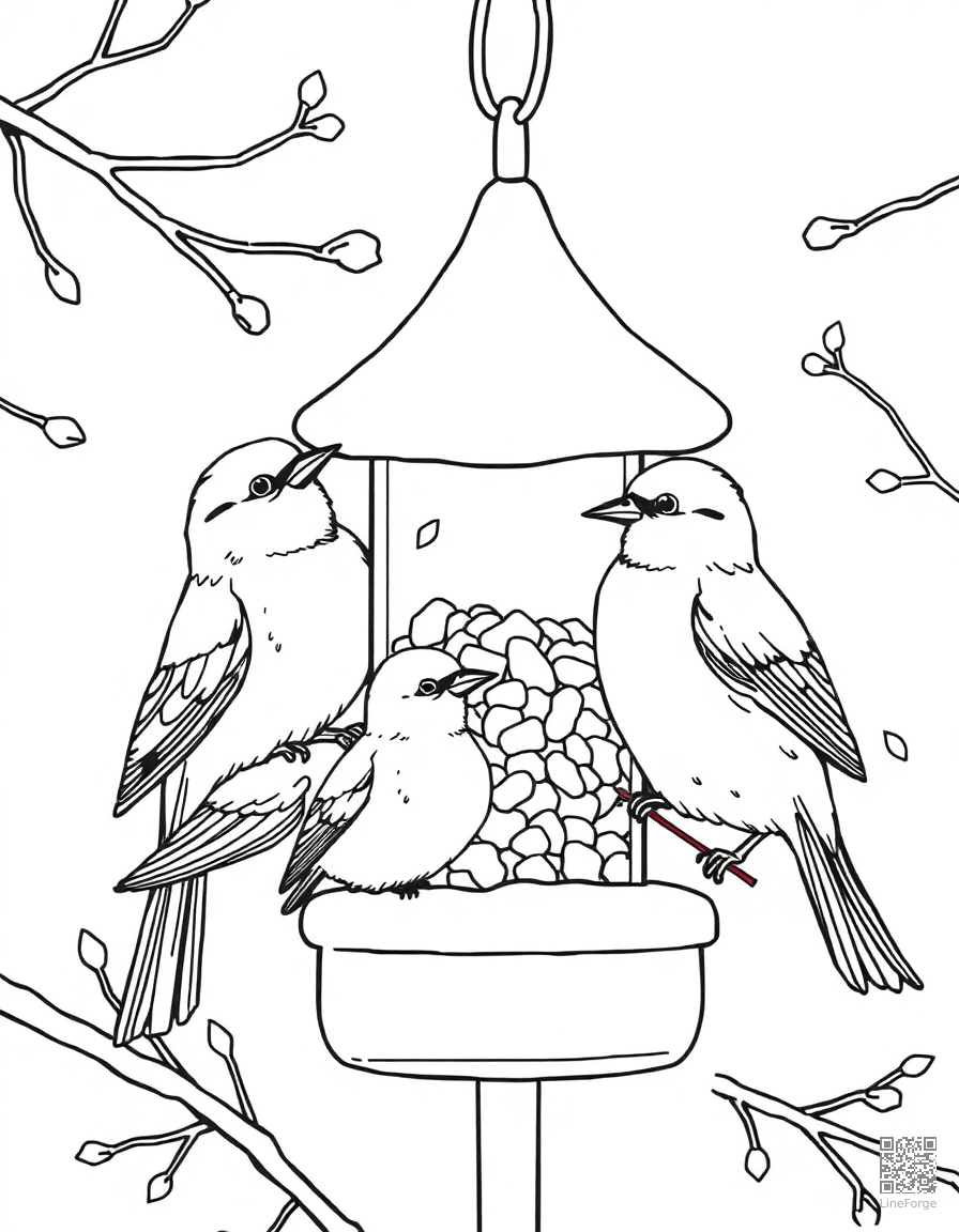 Free winter birds at a bird feeder coloring page in manga style — printable line art