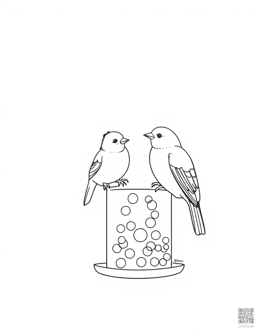 Free winter birds at a bird feeder coloring page in minimal style — printable line art
