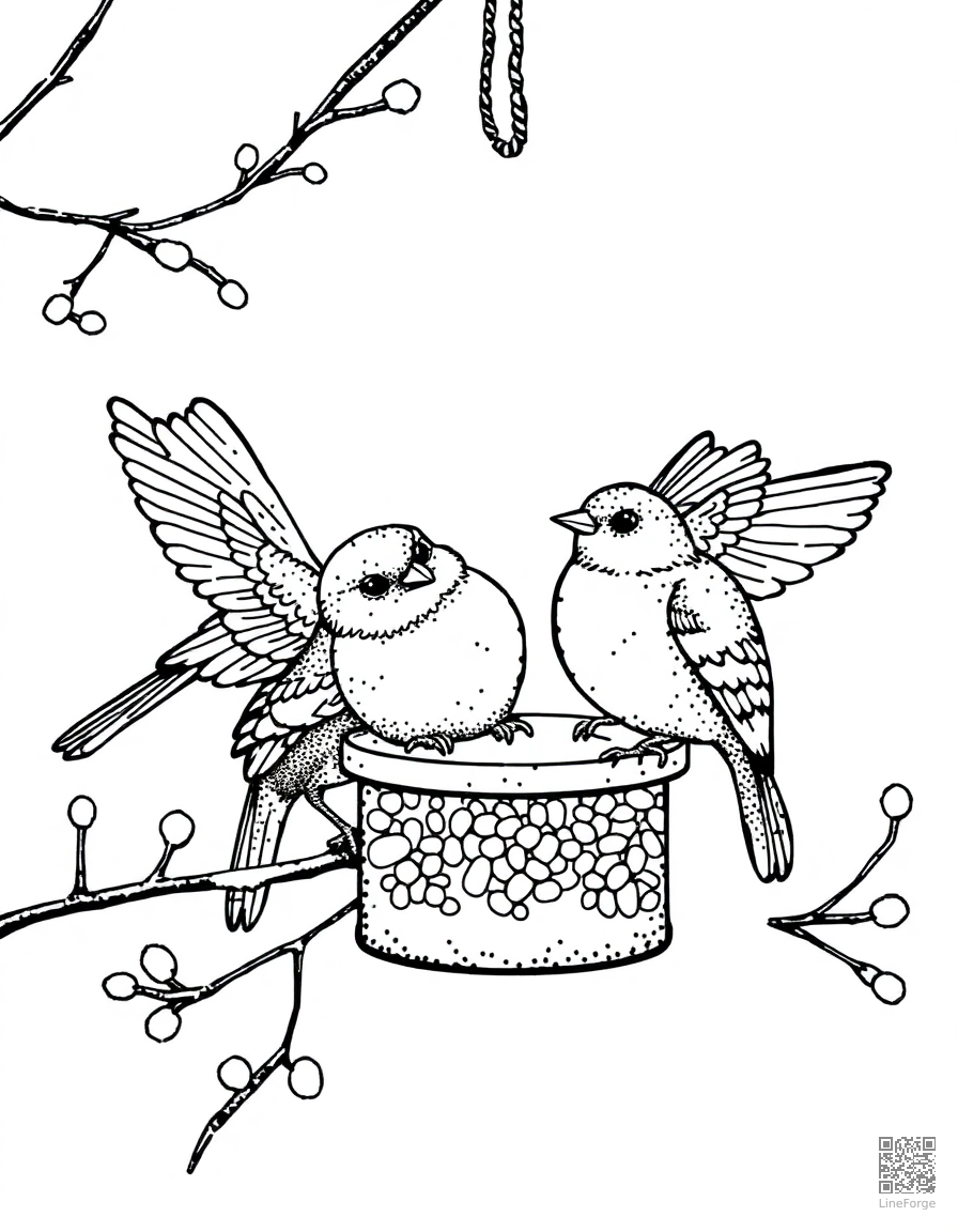 winter birds at a bird feeder coloring page Stipple style - free printable
