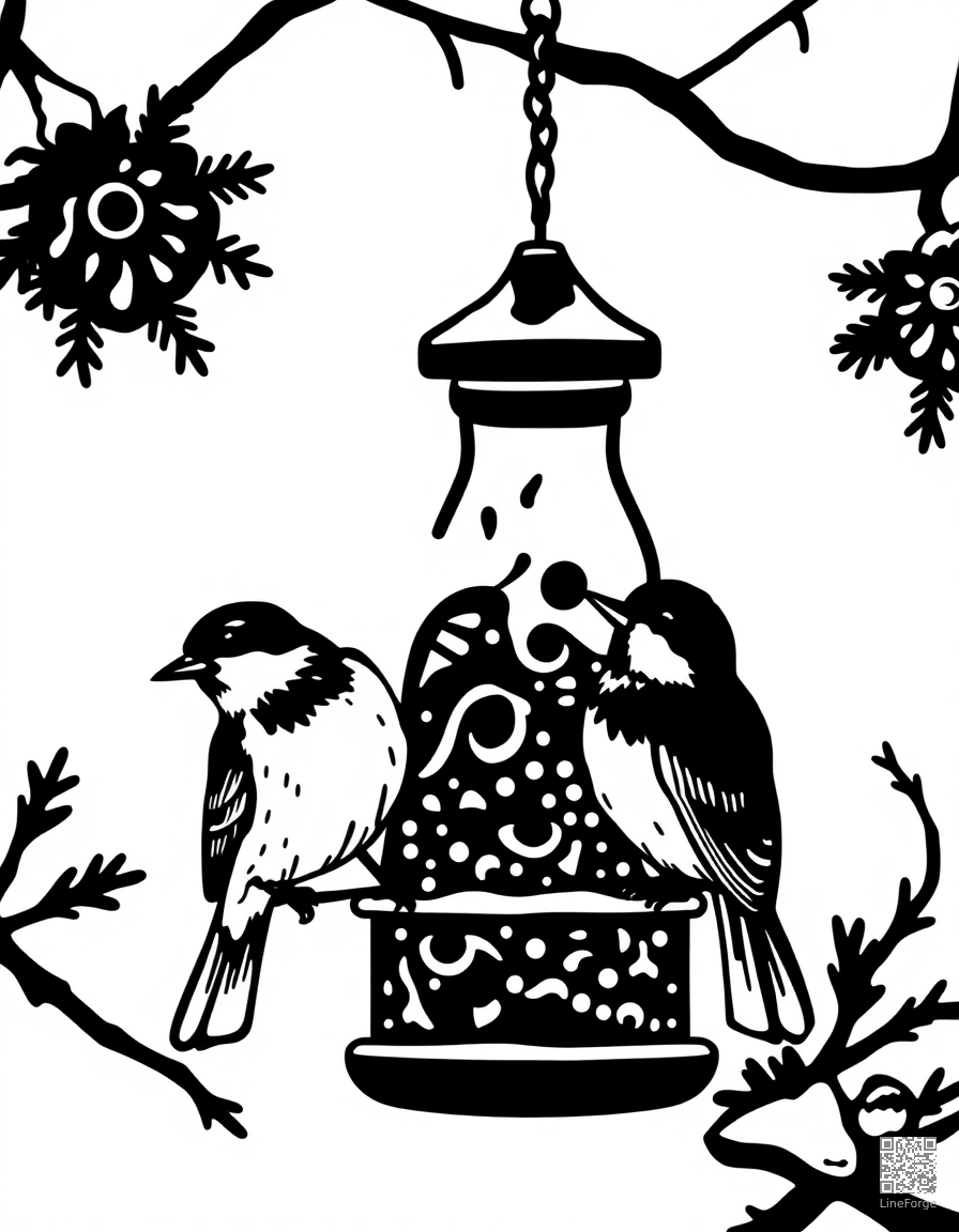 Free winter birds at a bird feeder coloring page in woodcut style — printable line art