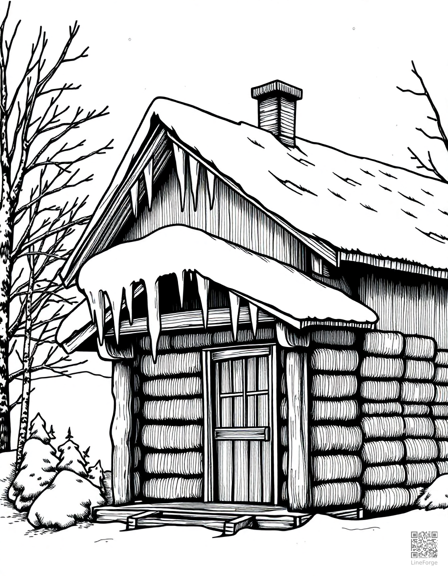 winter cabin with icicles on the roof coloring page Crosshatch style - free printable